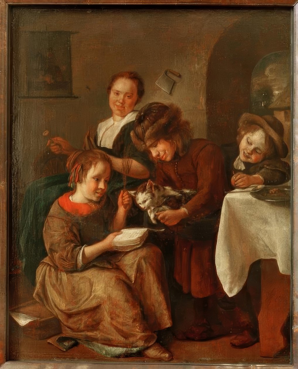 Niños enseñando a leer a un gato de Jan Havickszoon Steen