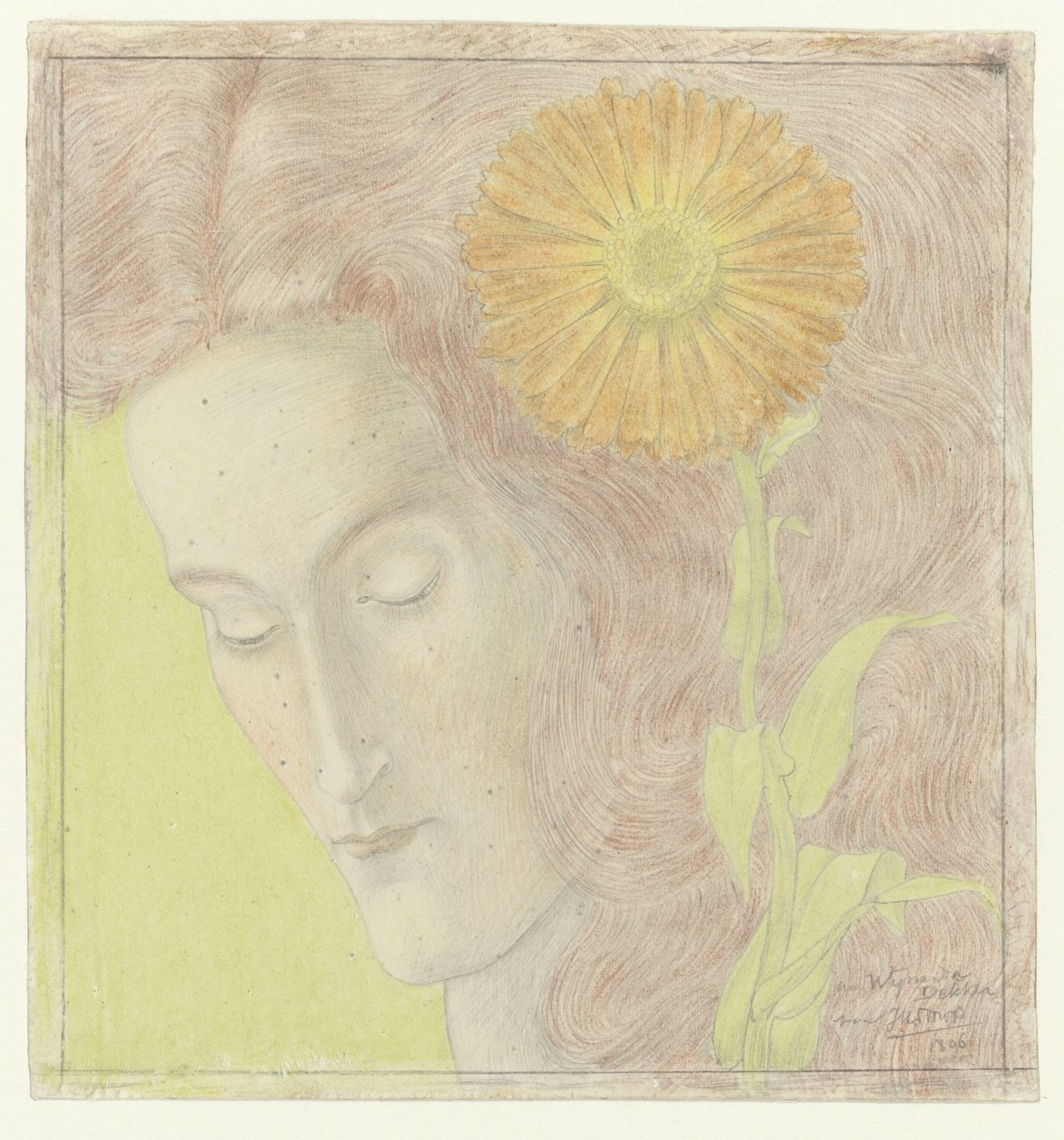 Cabeza de mujer con pelo rojizo y crisantemo de Jan Toorop