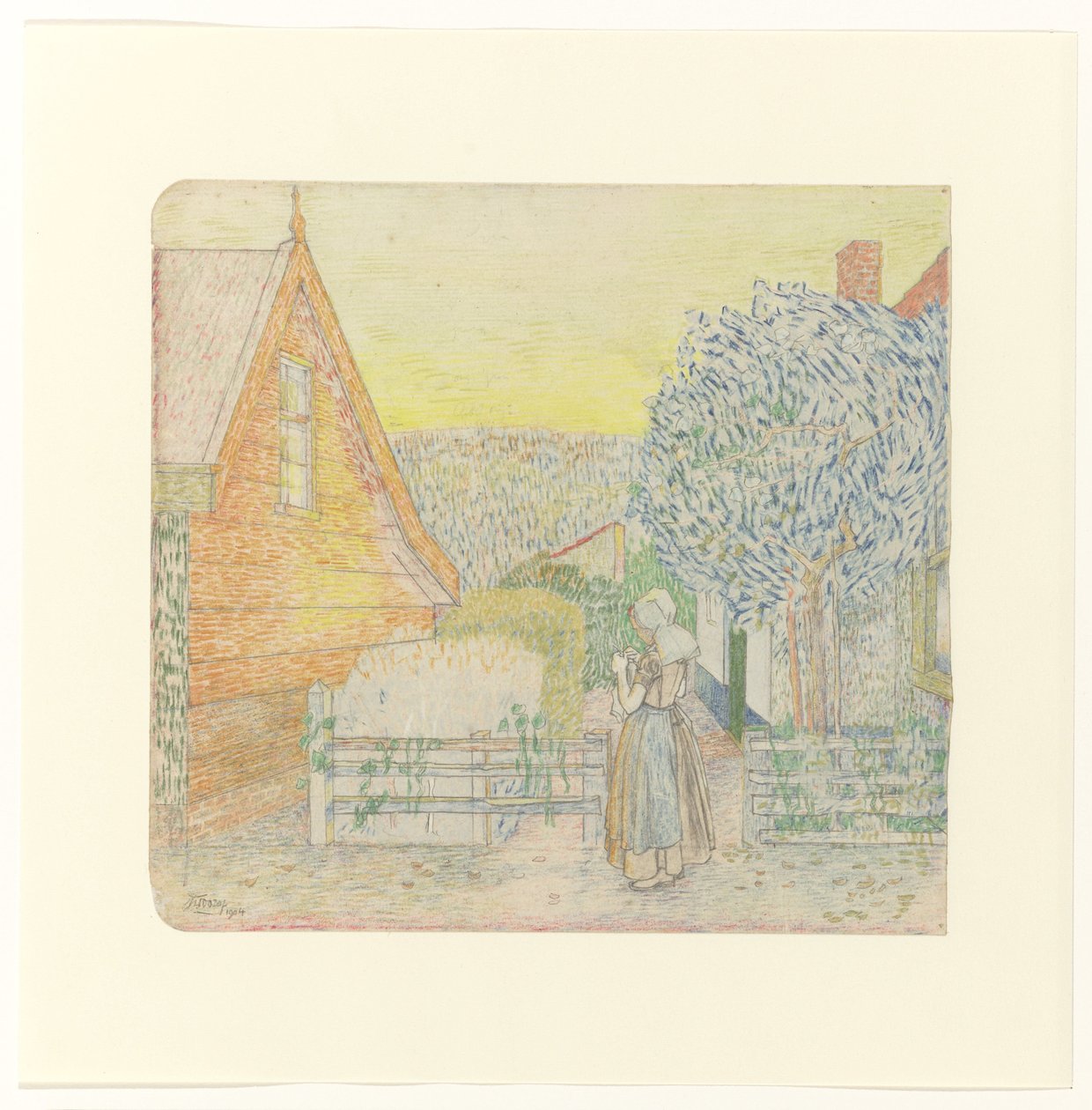 Chica de Zelanda, tejiendo en un patio de Jan Toorop