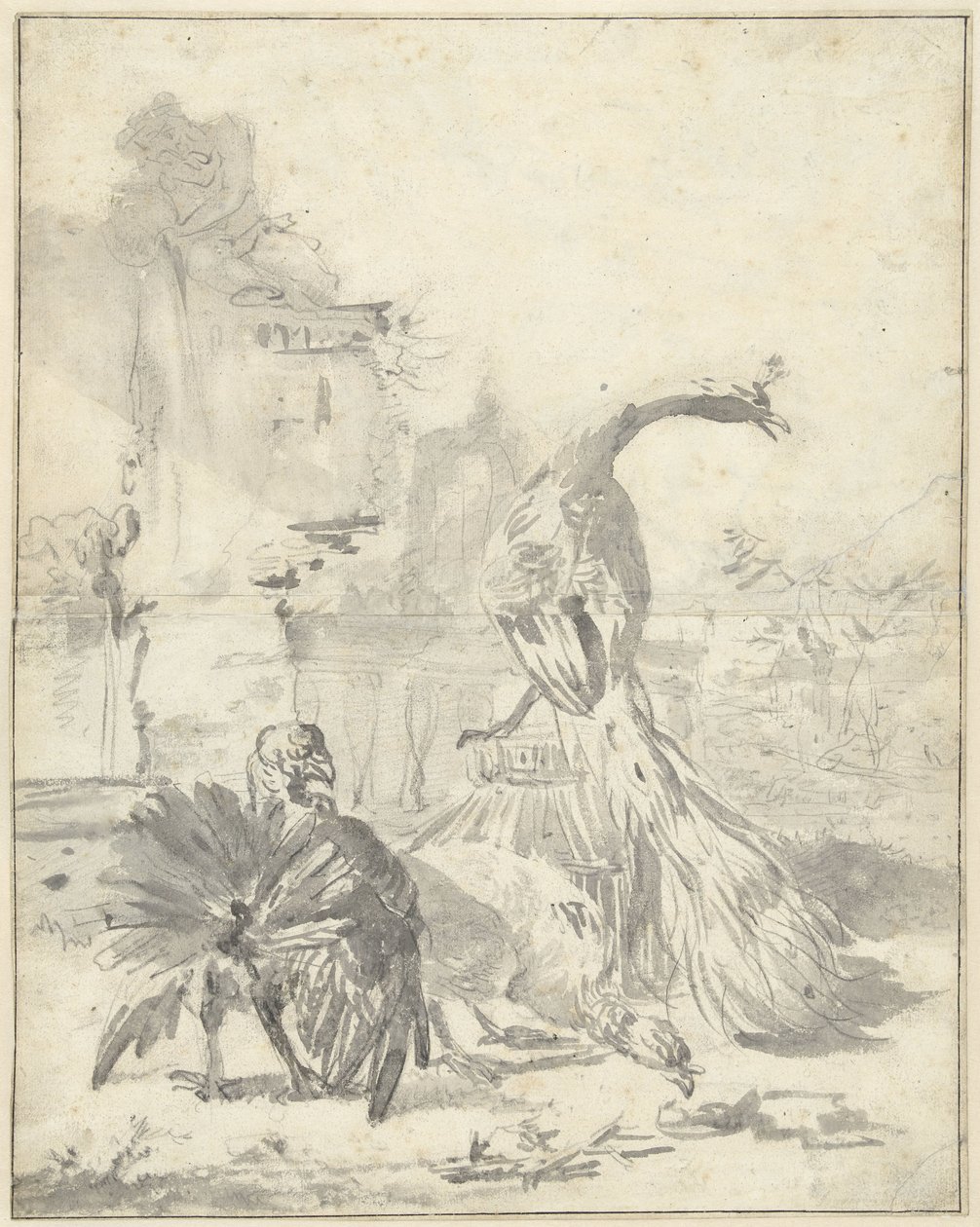 Hoenderhof con un pavo real y dos pavos de Jan Baptist Weenix
