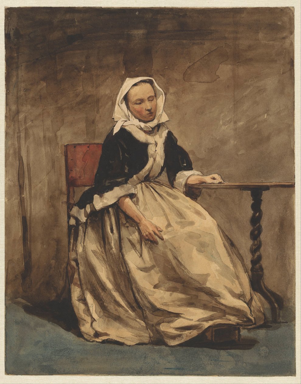 Mujer sentada junto a una pequeña mesa de Jan Weissenbruch