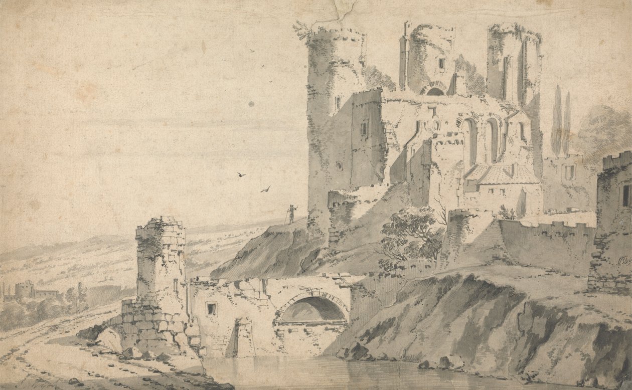 Castillo en ruinas sobre un río de Jan Wyck