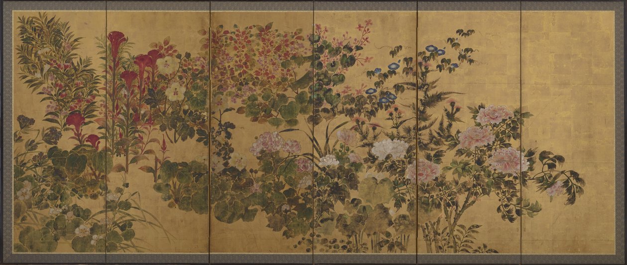 Flores y un arroyo, Biombos de Japanese School