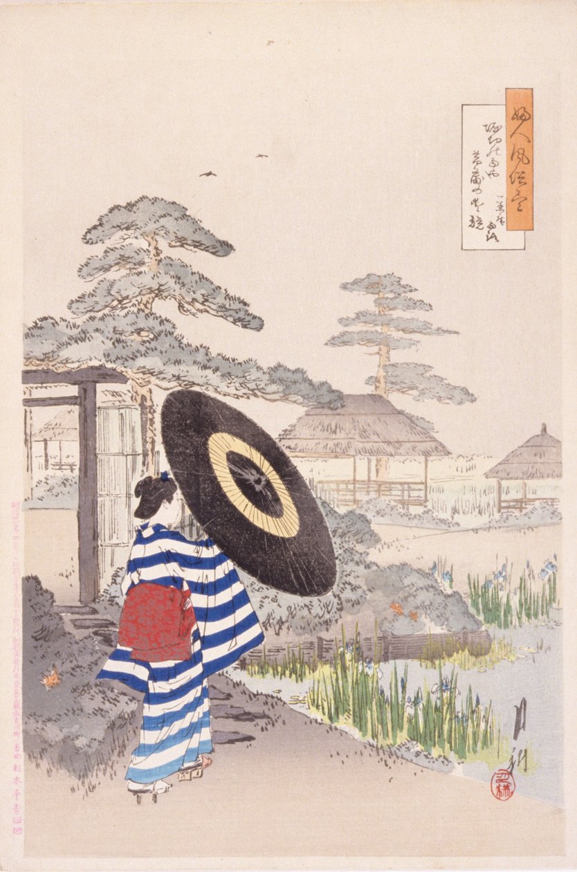 Dama con sombrilla (xilografía en color) de Japanese School