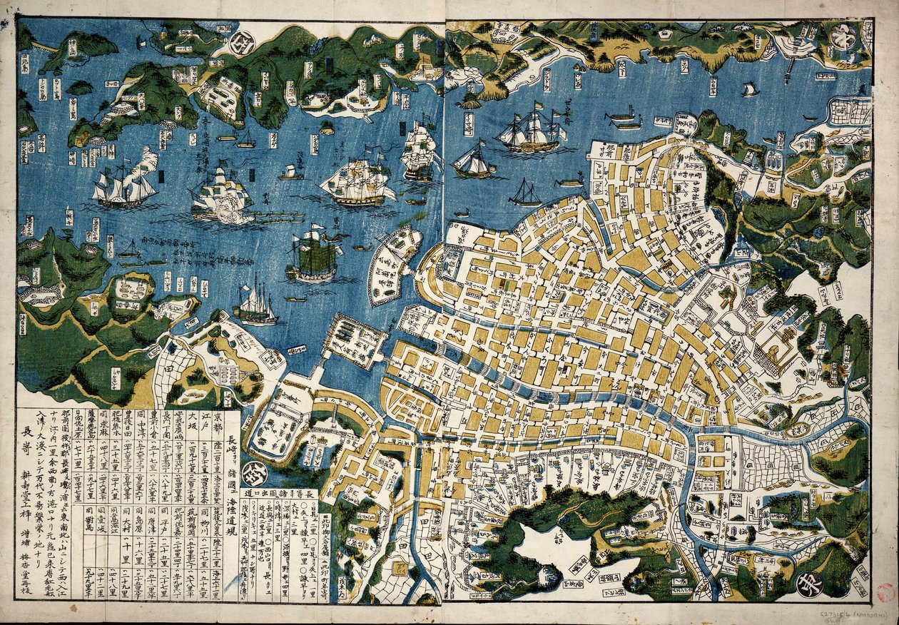 Mapa de Nagasaki, Japón, c.1868 (xilografía coloreada) de Japanese School