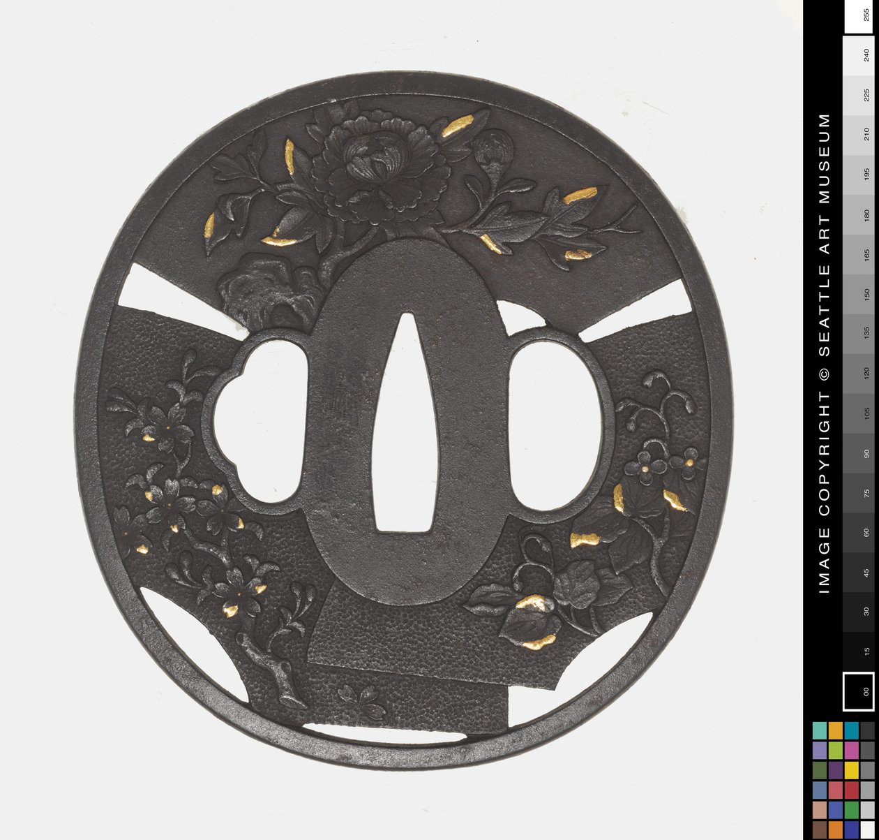 Tsuba: Crisantemo, Cerezo, Iris de Japanese School
