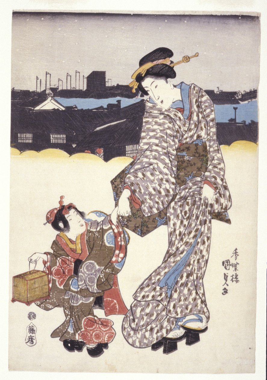 Sin título (Una mujer y un niño) (xilografías en color) de Japanese School