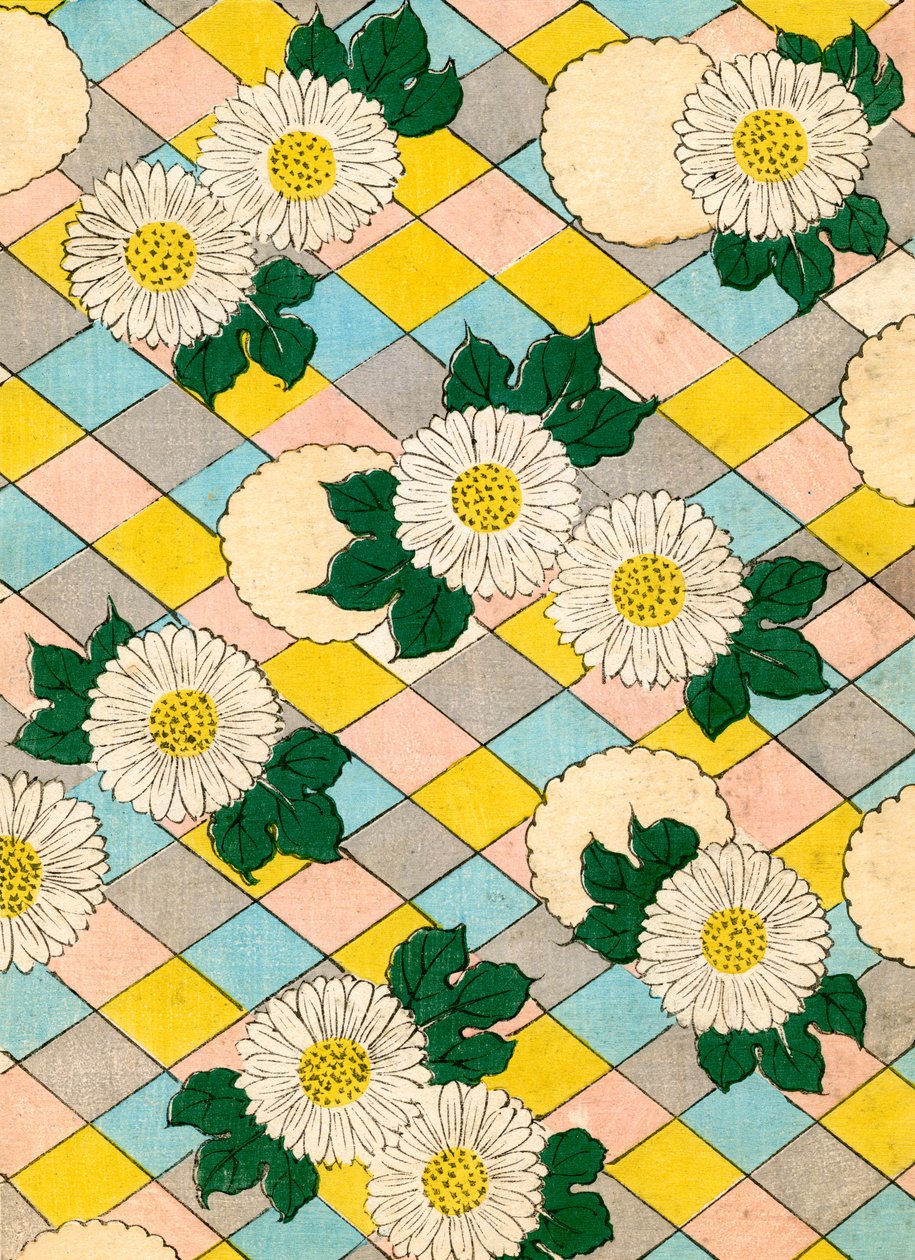 grabado en madera en color de Flores de Crisantemo de Japanese School