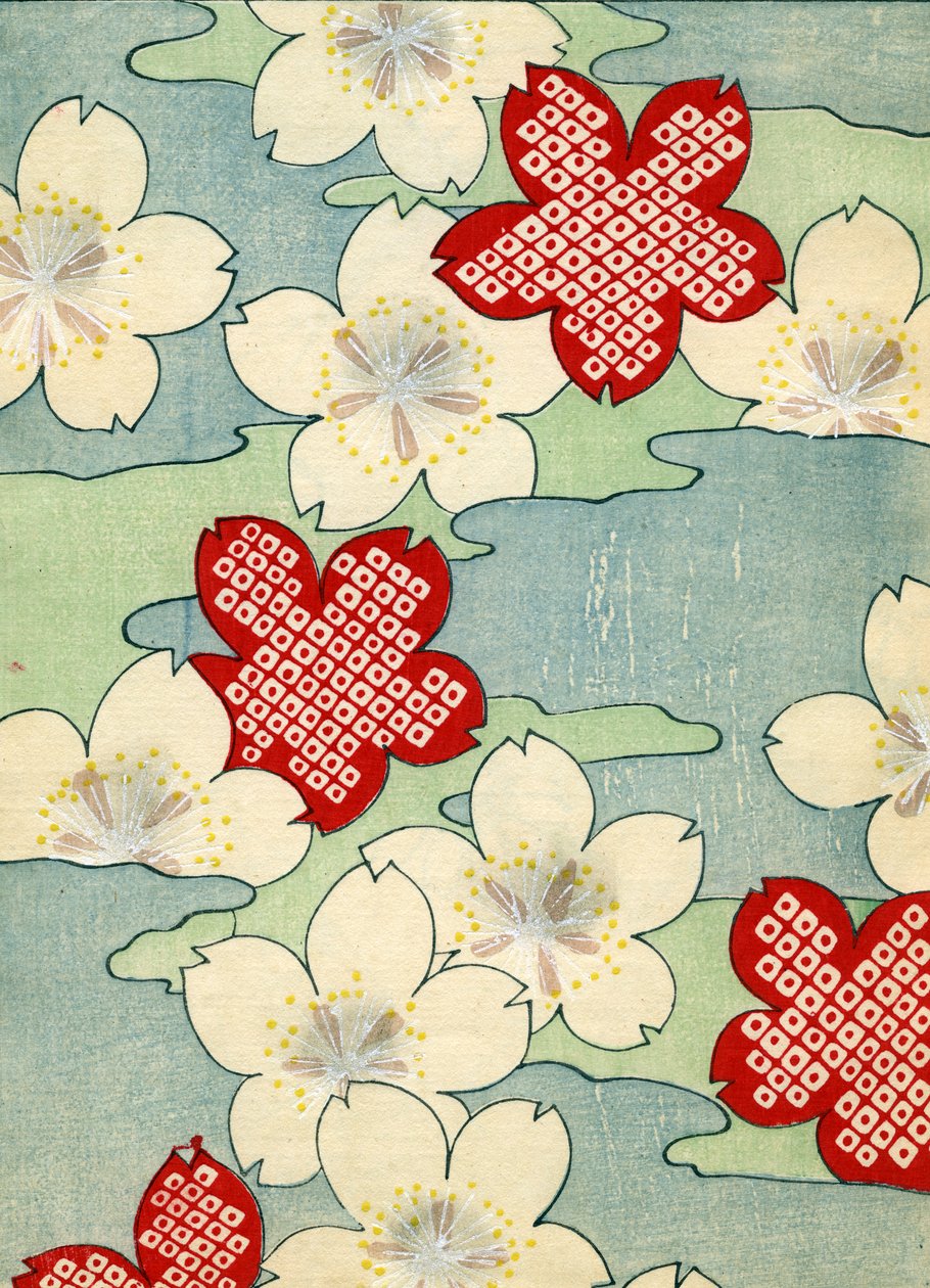 Impresión en madera a color de flores de cornejo de Japanese School