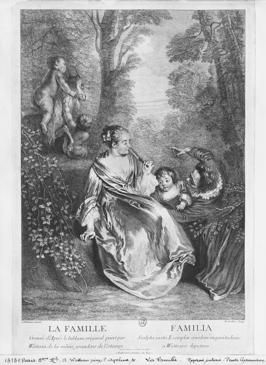 La Familia, grabado por Pierre Aveline (c.1656-1722) de Jean Antoine Watteau