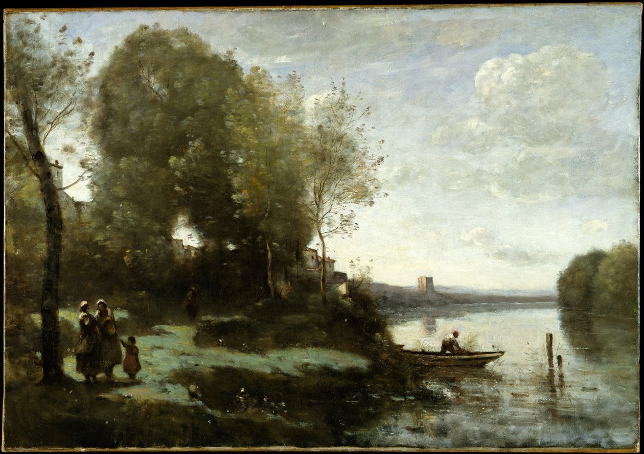 Río con una torre distante de Jean Baptiste Camille Corot