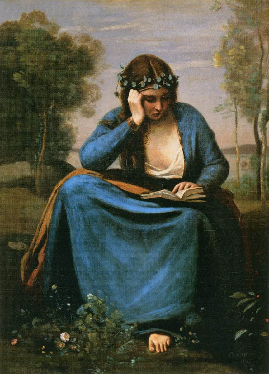 El lector coronado con flores de Jean Baptiste Camille Corot