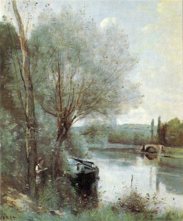 El lector junto a la orilla arbolada de Jean Baptiste Camille Corot