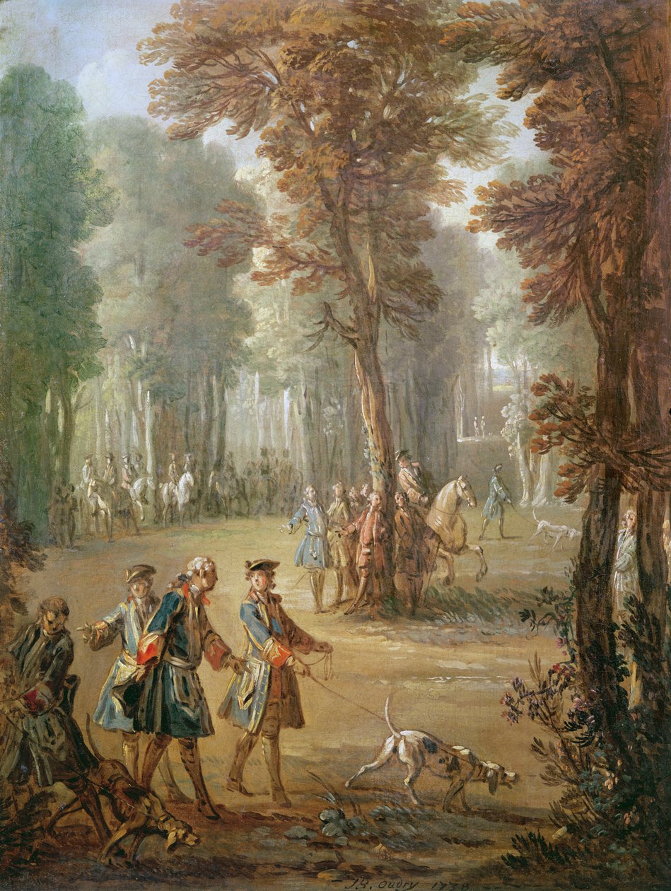 Luis XV (1710-74) y su sabueso en Puys, boceto para un tapiz, 1738 de Jean Baptiste Oudry