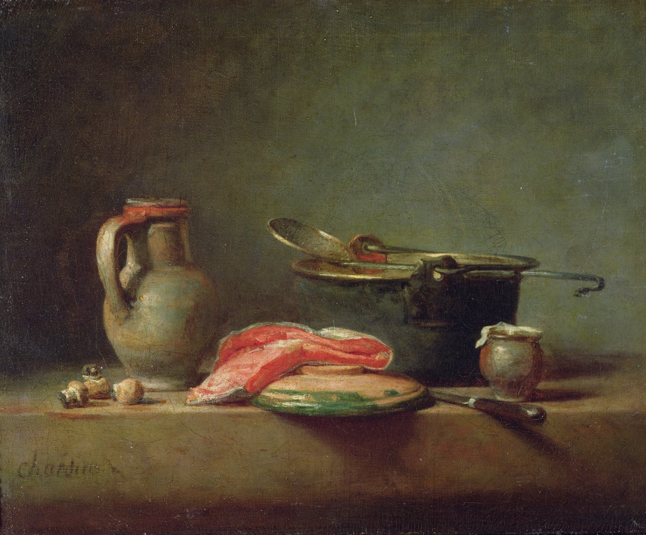 Caldero de cobre con una jarra y una rodaja de salmón de Jean Baptiste Simeon Chardin