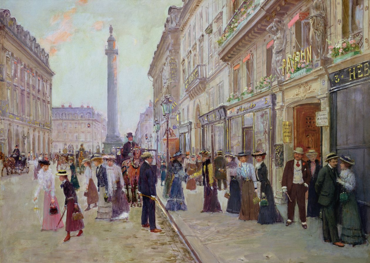 Trabajadores saliendo de la Maison Paquin, en la rue de la Paix, c.1900 de Jean Beraud