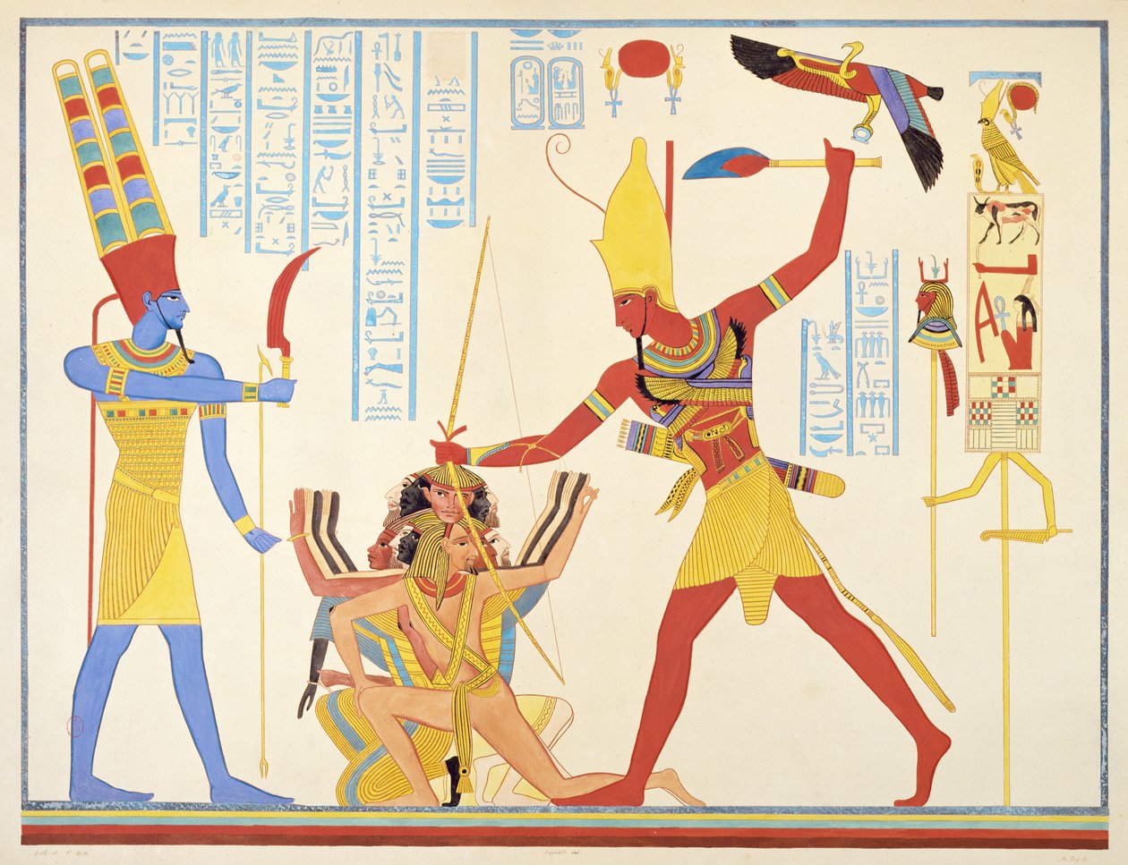 El dios Amón ofrece un arma de hoz al faraón Ramsés III mientras golpea a dos enemigos capturados, 1835-45 de Jean Francois Champollion