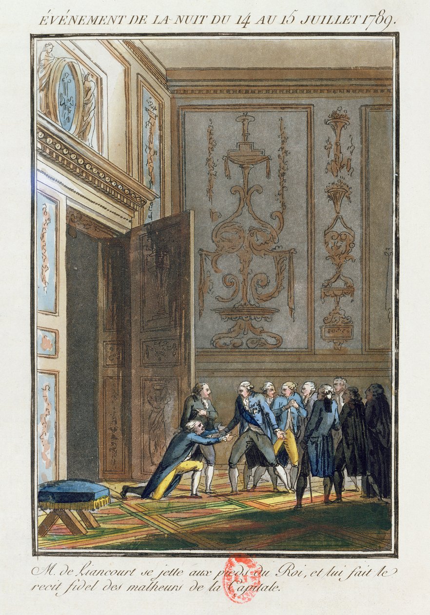 Monsieur de Liancourt (1747-1827) informando a Luis XVI (1754-93) en Versalles de los eventos en París el 14 de julio de 1789 de Jean Francois Janinet