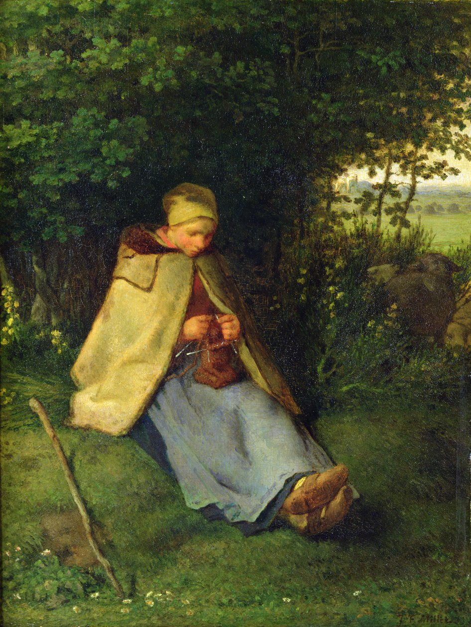 Una tejedora o una pastora sentada tejiendo, 1858-60 de Jean Francois Millet