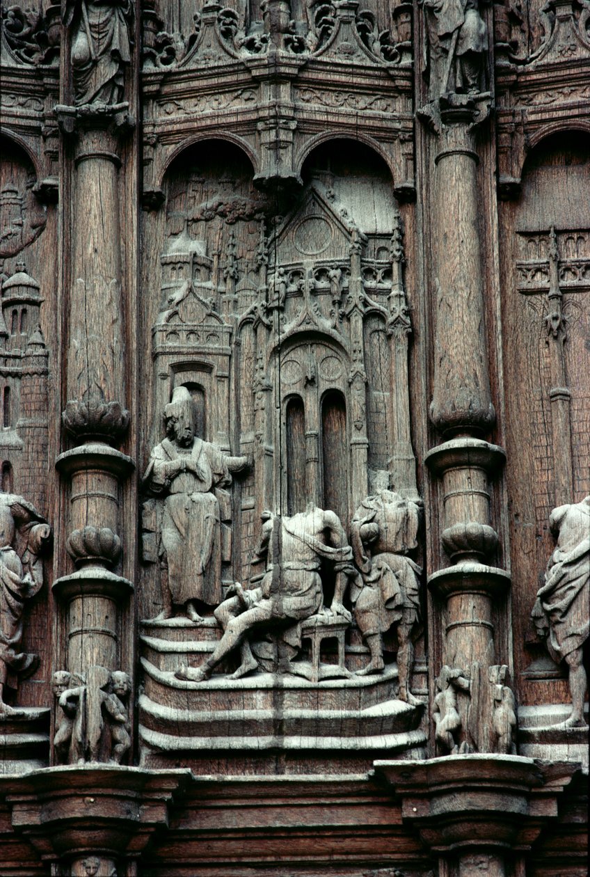San Pedro curando al Hombre Cojo, detalle del portal del transepto sur, siglo XVI de Jean le Pot