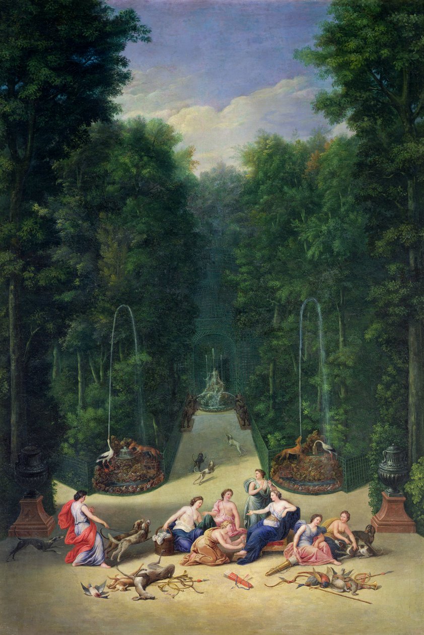 Los bosques de Versalles: Vista del laberinto con Diana y sus ninfas, 1688 de Jean the Younger Cotelle