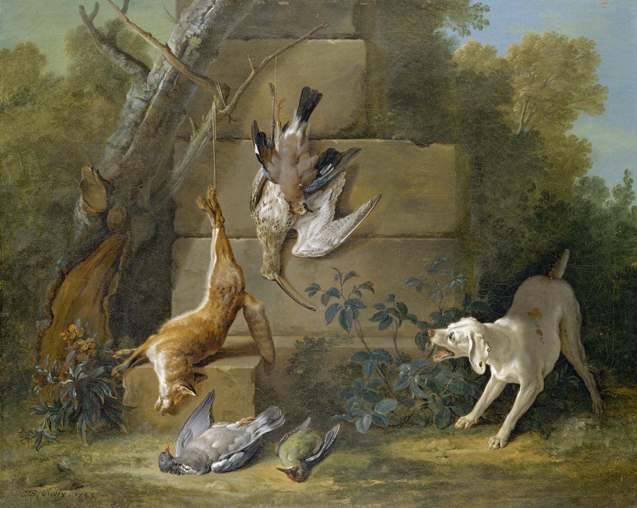 Perro guardando caza muerta de Jean Baptiste Oudry