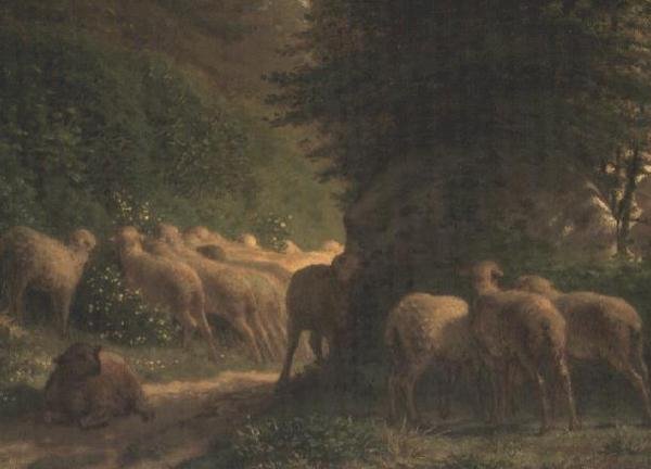 Ovejas pastando a lo largo de un seto de Jean Francois Millet