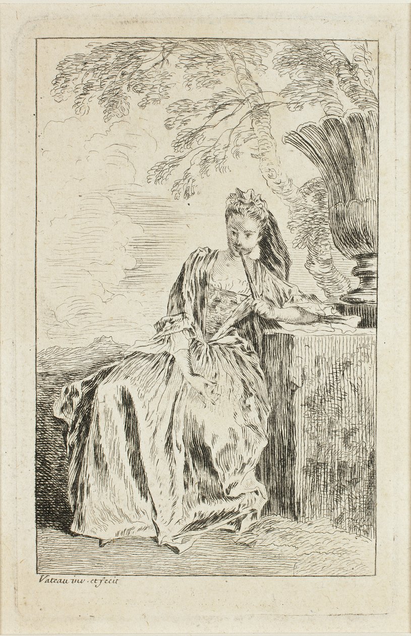Mujer sentada, apoyada en un pedestal de Jean Antoine Watteau