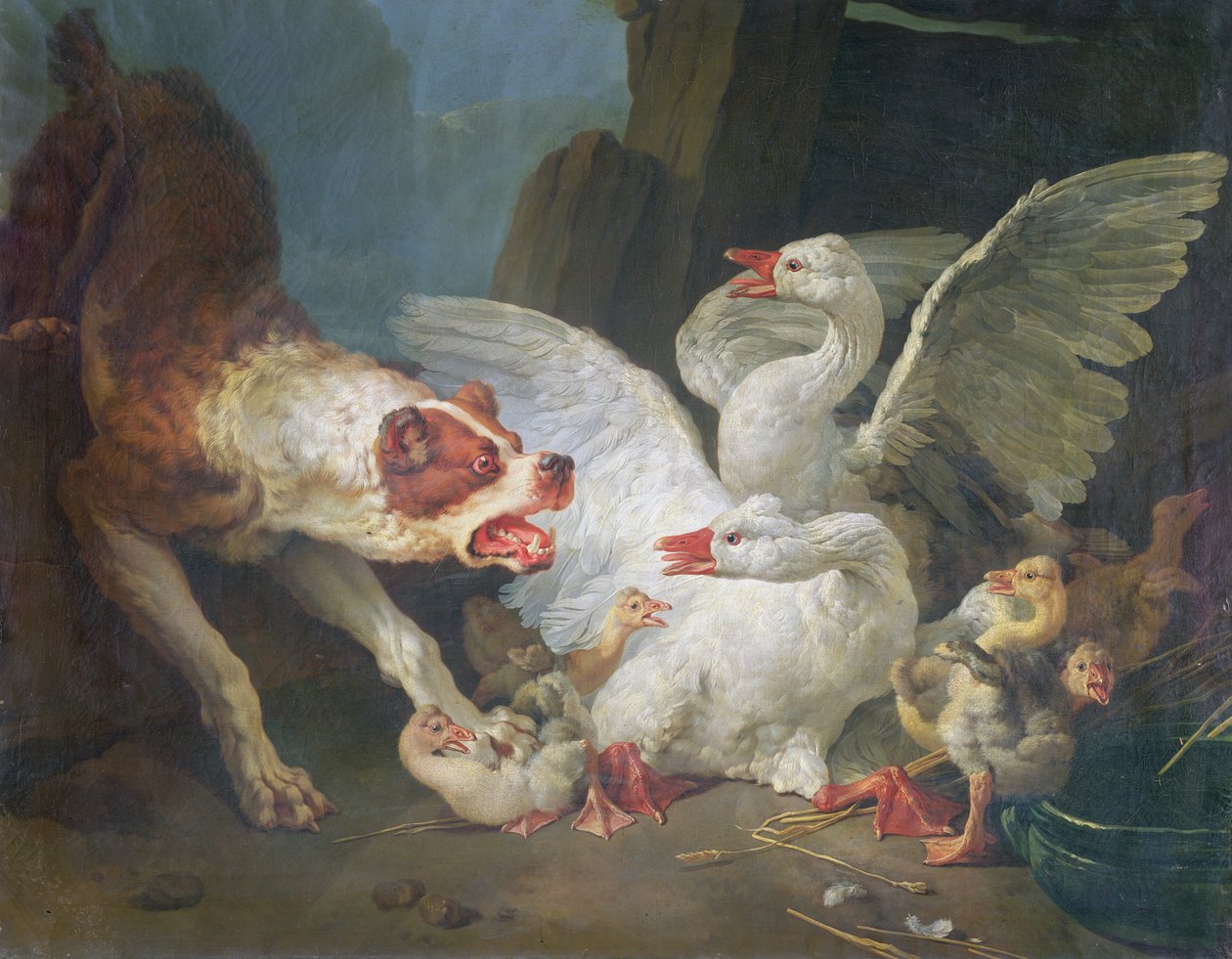 Un Perro Atacando Gansos de Jean Baptiste Huet
