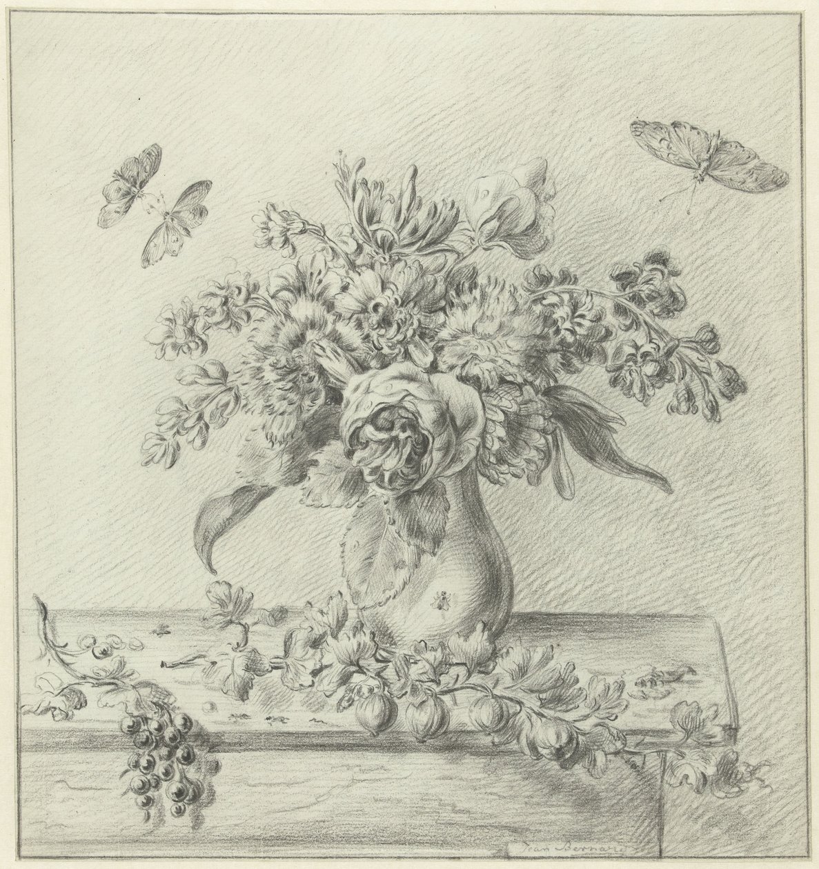 Bodegón con arreglo floral, frutas e insectos. de Jean Bernard