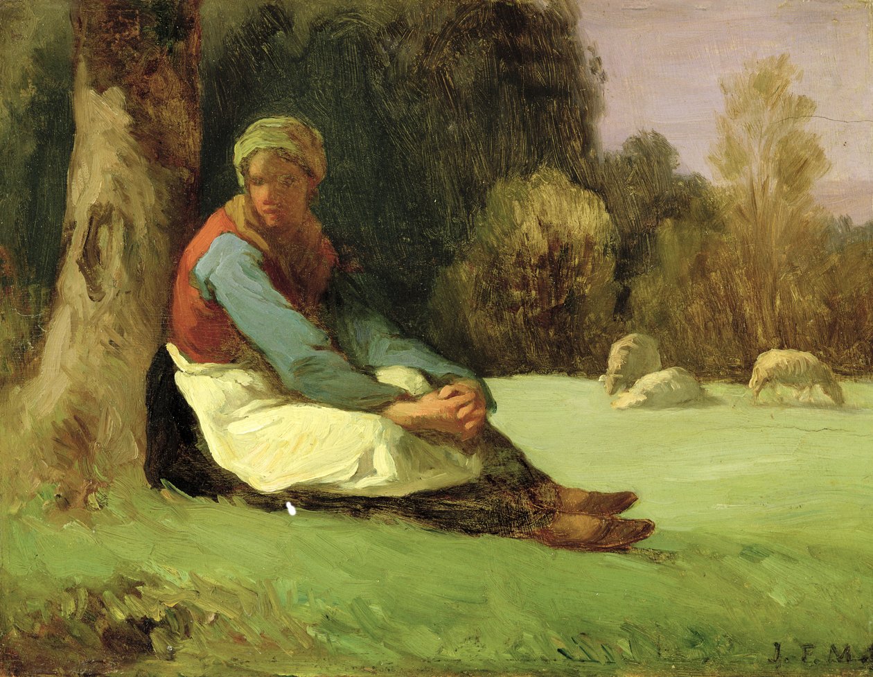 Pastora sentada (óleo sobre tabla) de Jean Francois Millet