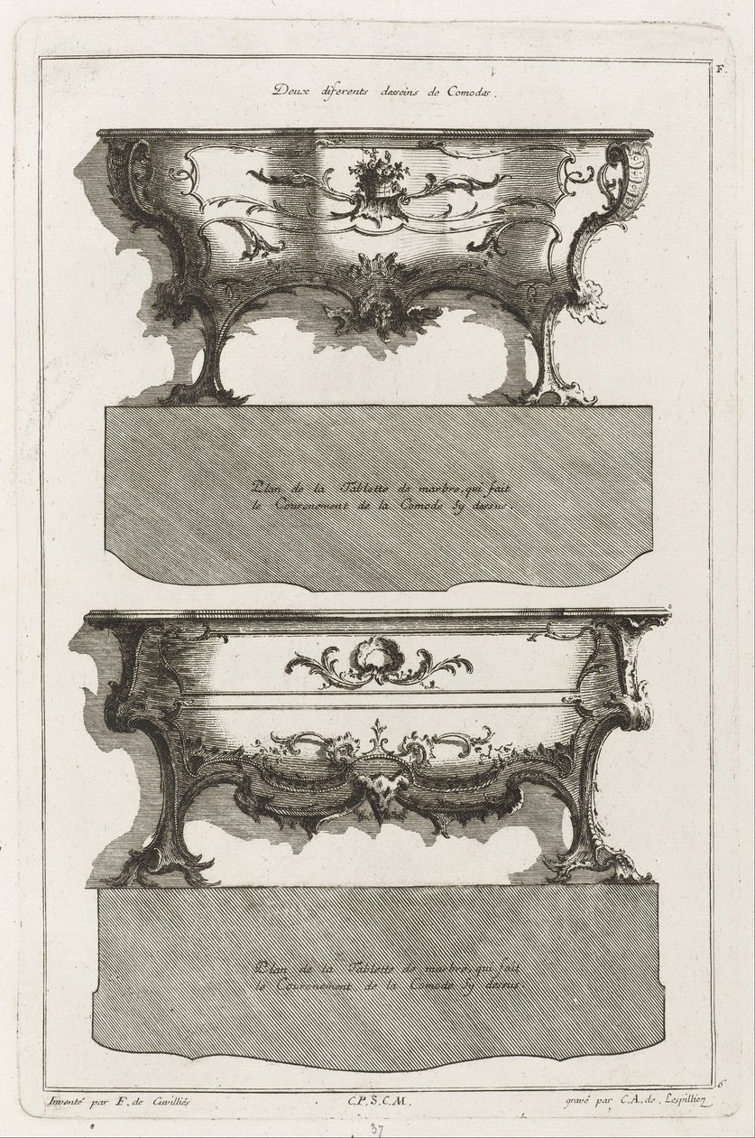 Dos diferentes diseños de cómodas de Jean François Cuvilliés