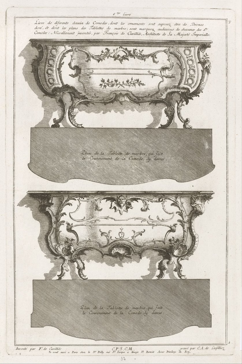 Dos diferentes diseños de cómodas de Jean François Cuvilliés