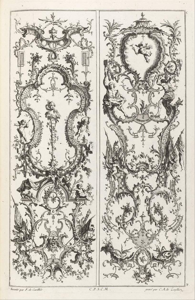 Dos paneles con diseños grotescos de Jean François Cuvilliés