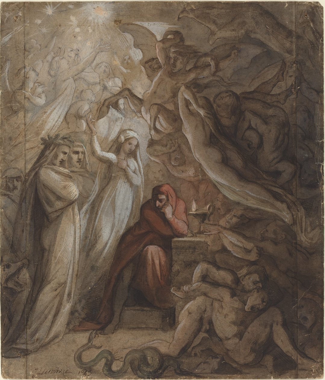 Dante meditando sobre la "Divina Comedia" de Jean Jacques Feuchere