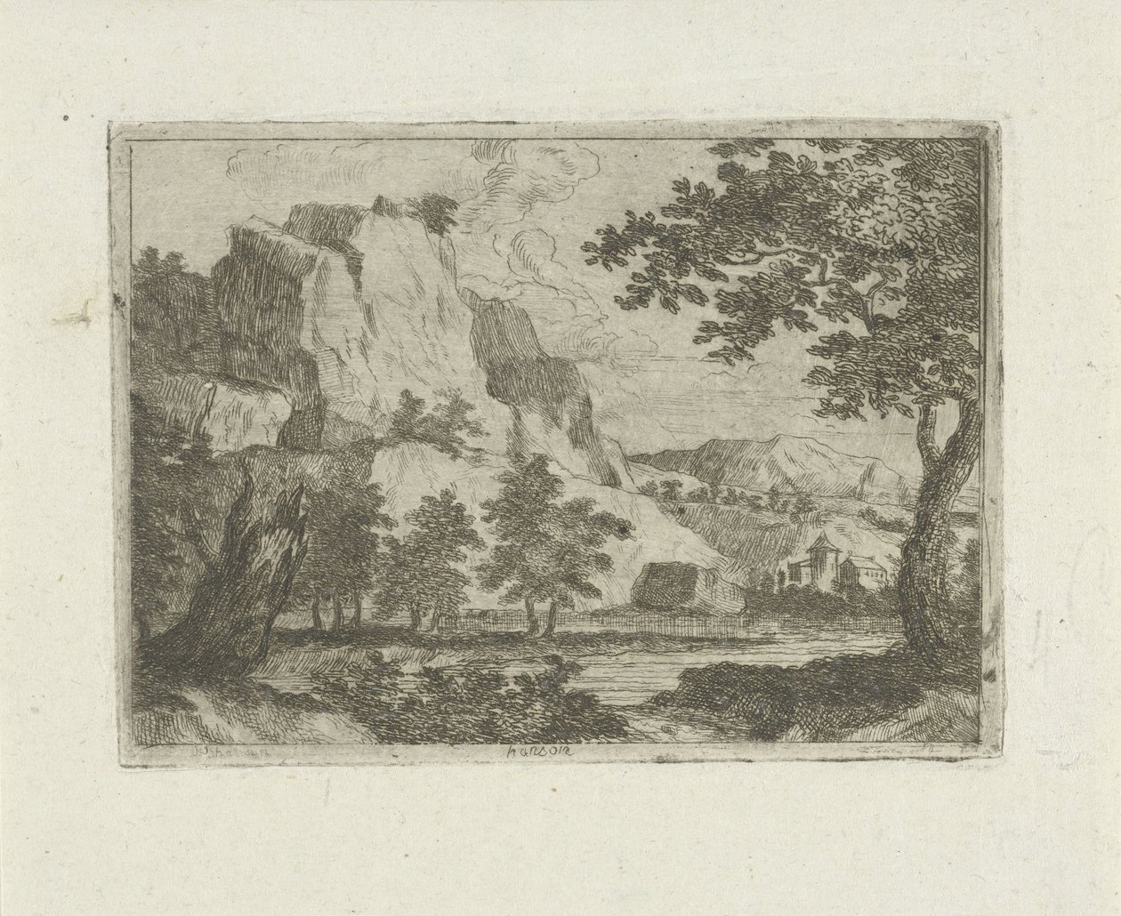 Roca en un paisaje de río de Jean Joseph Hanson