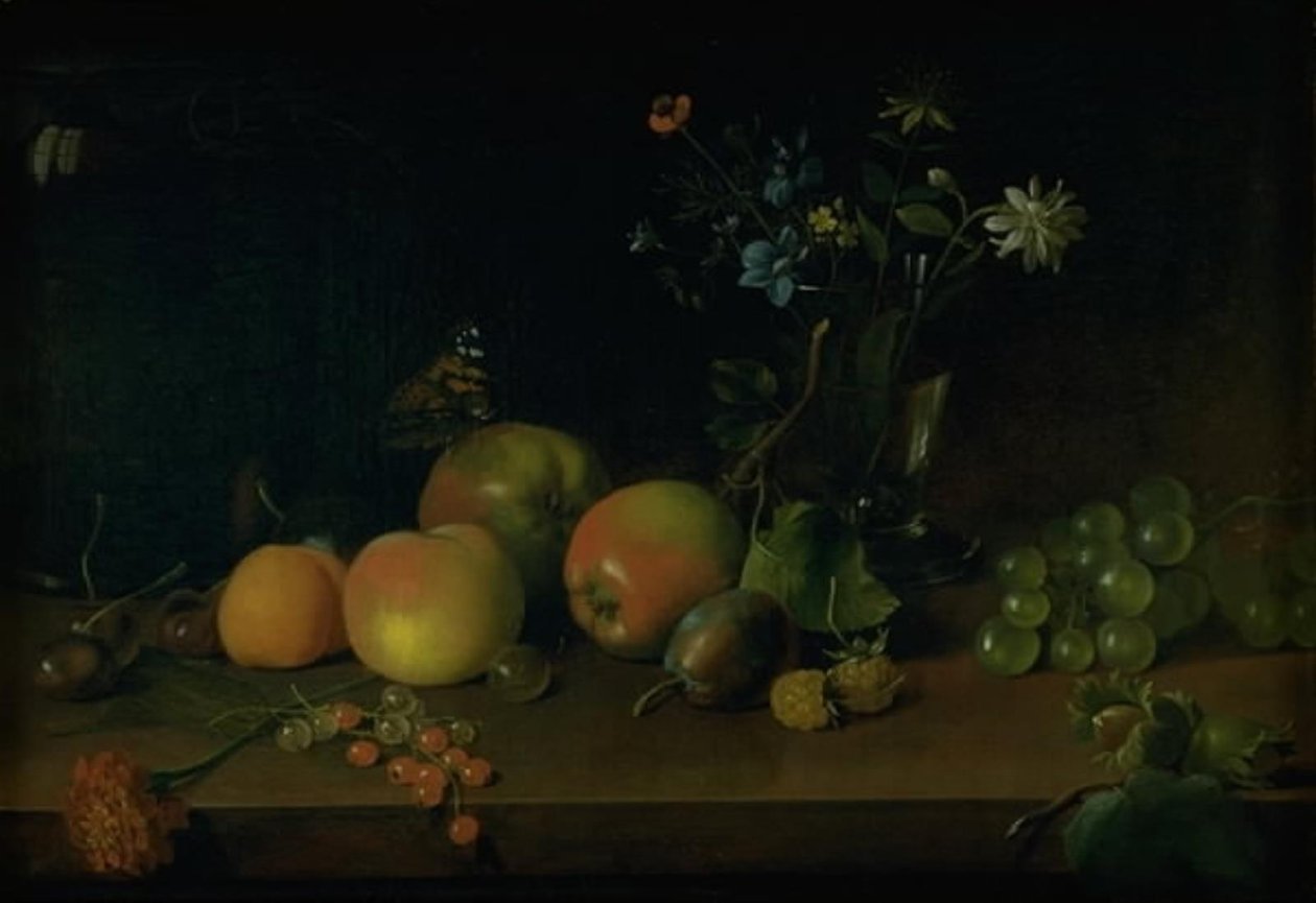Flores y frutas en una mesa de Jens Juel