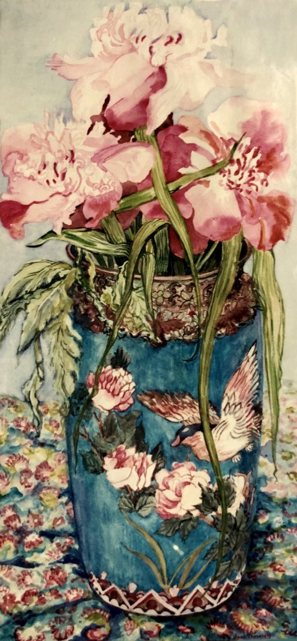 Peonías en un jarrón de cloisonné de Joan Thewsey