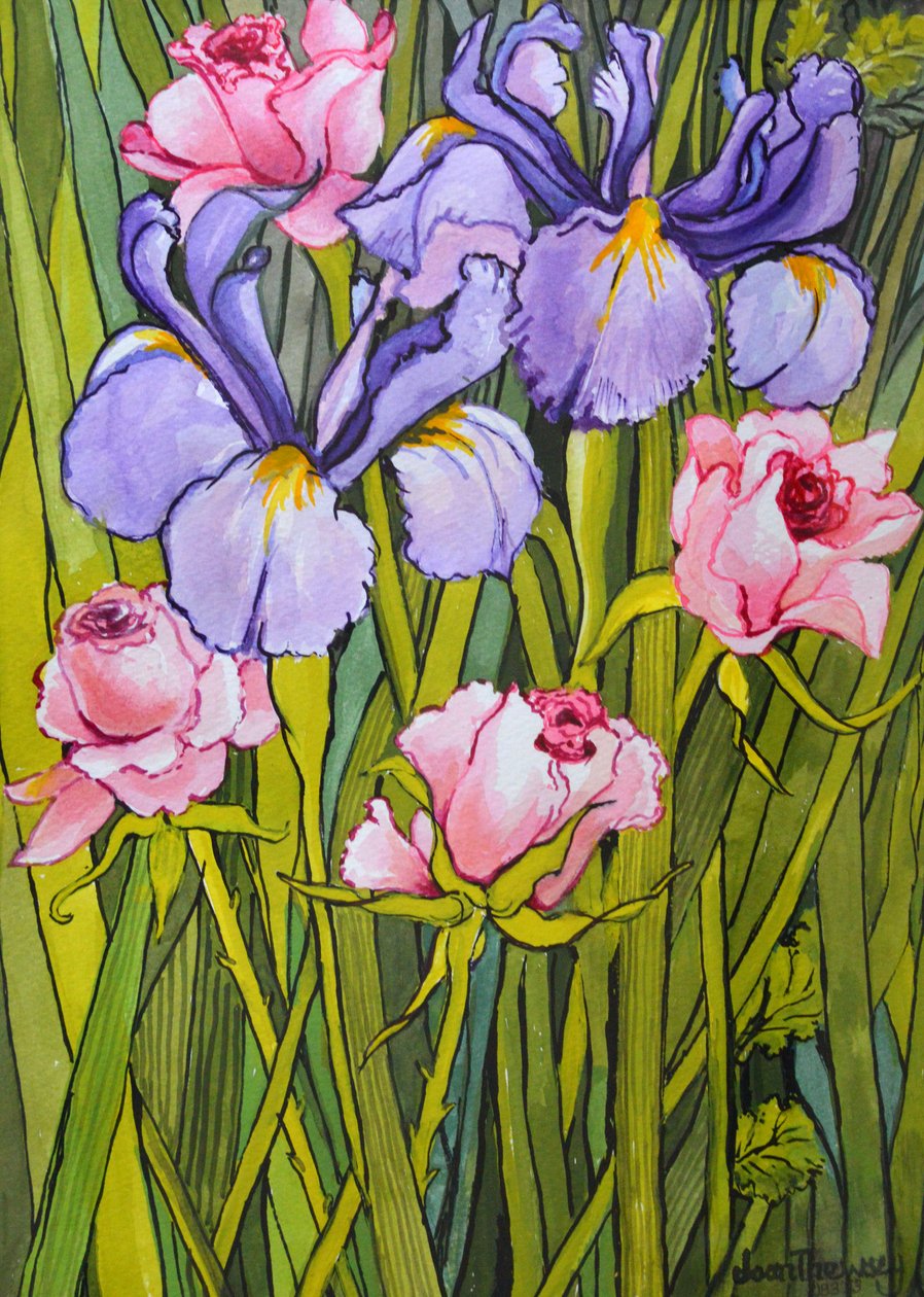 Rosas e Iris en el Jardín de Joan Thewsey