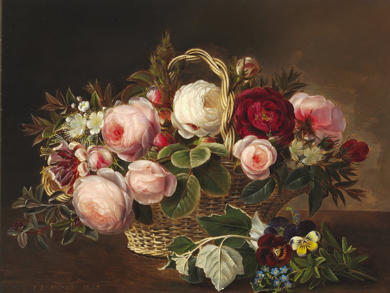 Rosas y flores de verano en una cesta sobre un alféizar de Johan Laurentz Jensen