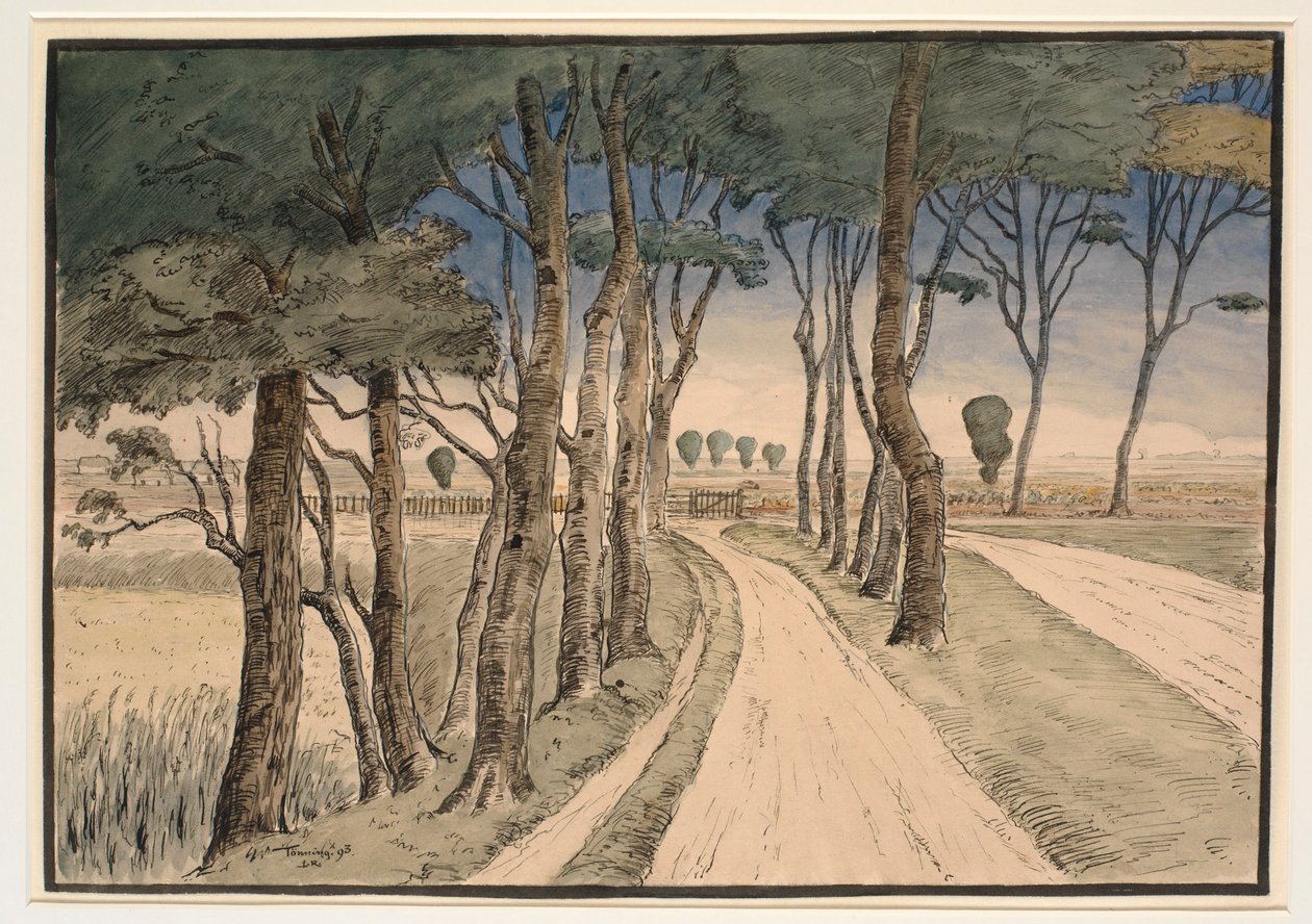 Paisaje de campo. En primer plano un camino con árboles de Johan Rohde