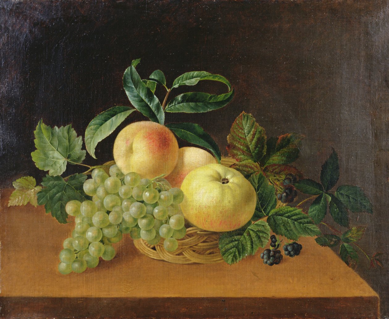 Cesta con Manzanas, Durazno y Uvas de Johan Laurents Jensen