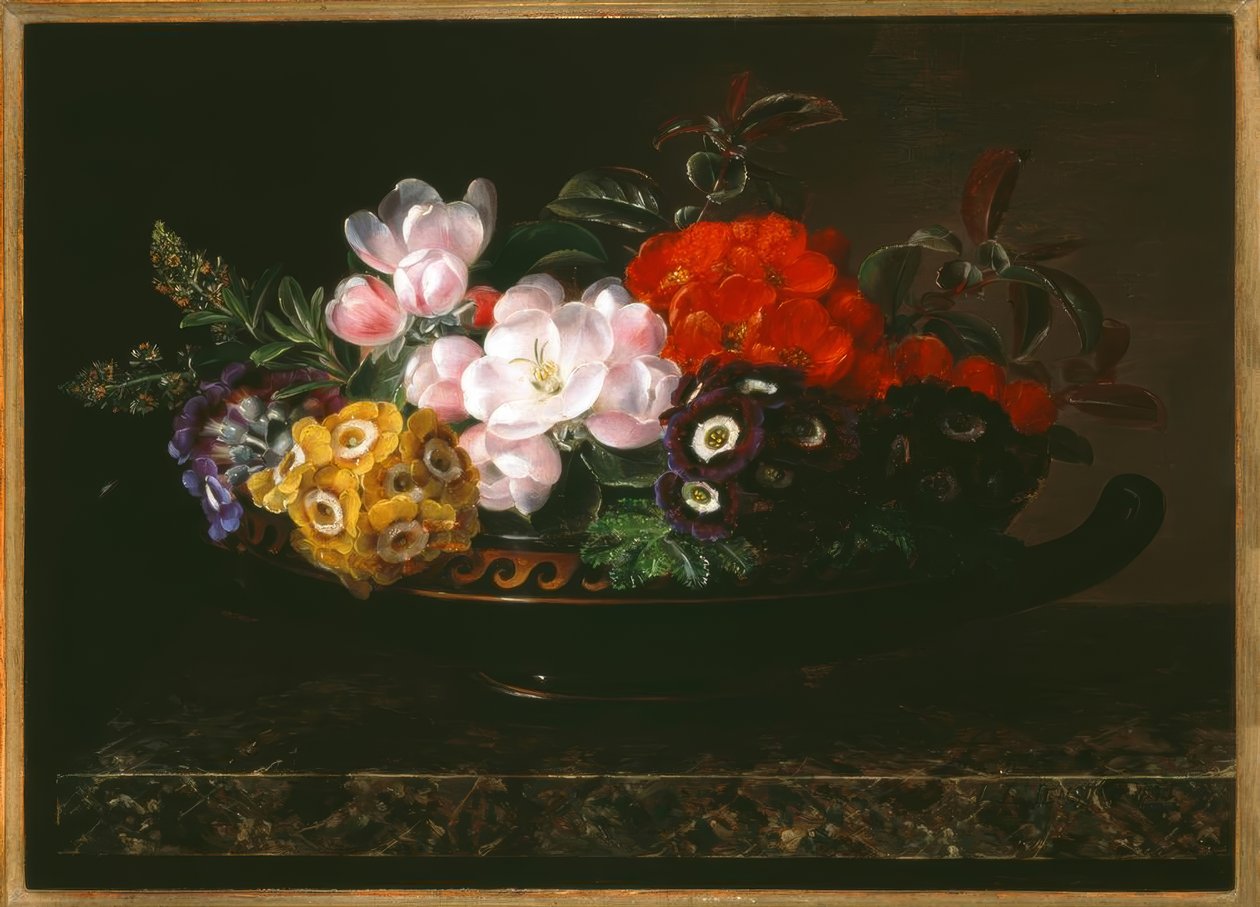 J.L. Jensen, bodegón de flores en cuenco antiguo de Johan Laurentz Jensen