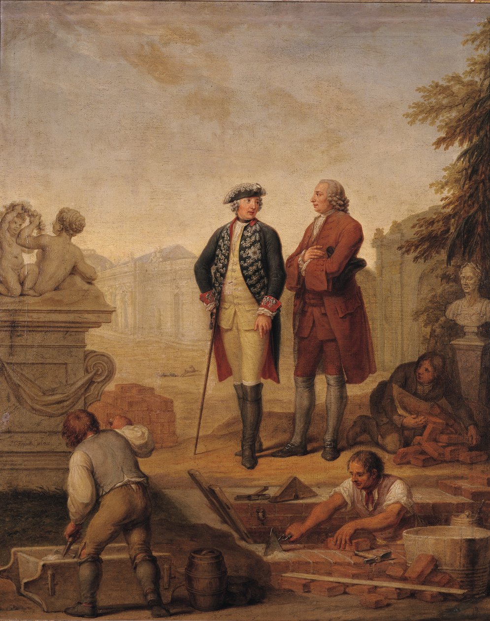 El rey Federico II de Prusia y el marqués de Argens inspeccionando la construcción de Sanssouci en Potsdam de Johann Christoph Frisch