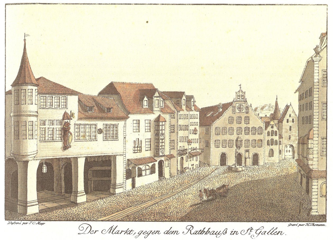 El Mercado hacia el Ayuntamiento en St. Gallen de Johann Conrad Mayr