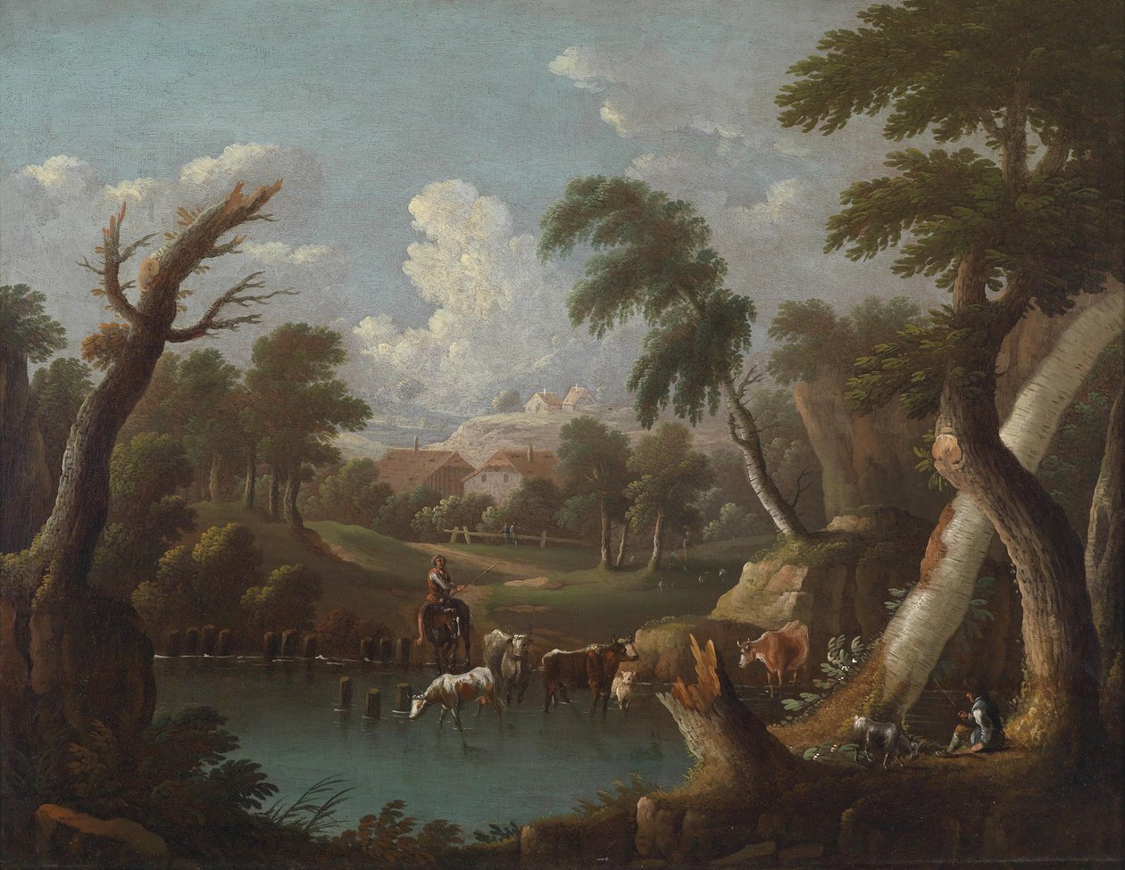 Paisaje montañoso con ganado bebiendo en un charco de Johann Georg von Bemmel