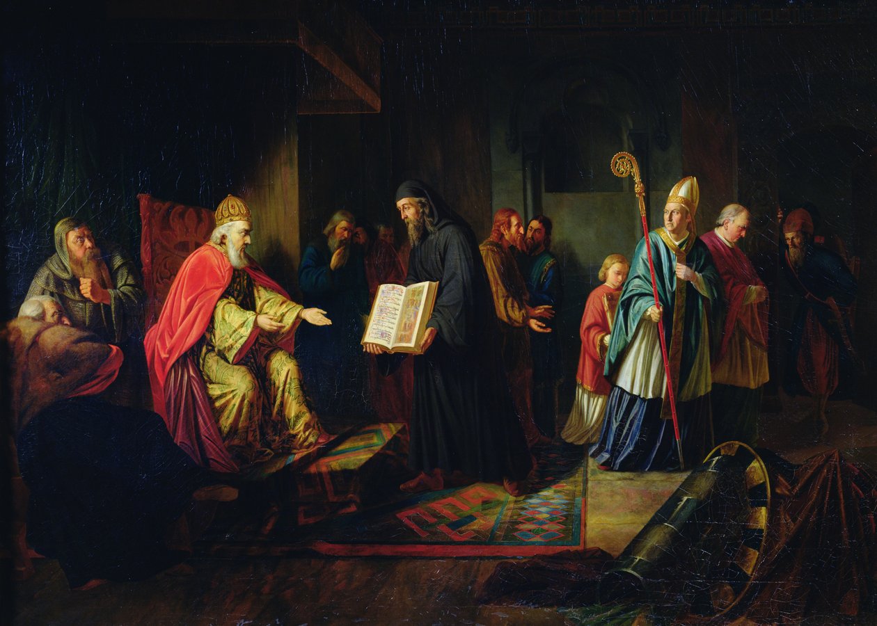Vladimir Svyatoslavich el Grande eligiendo la religión en 987 de Johann Leberecht Eggink