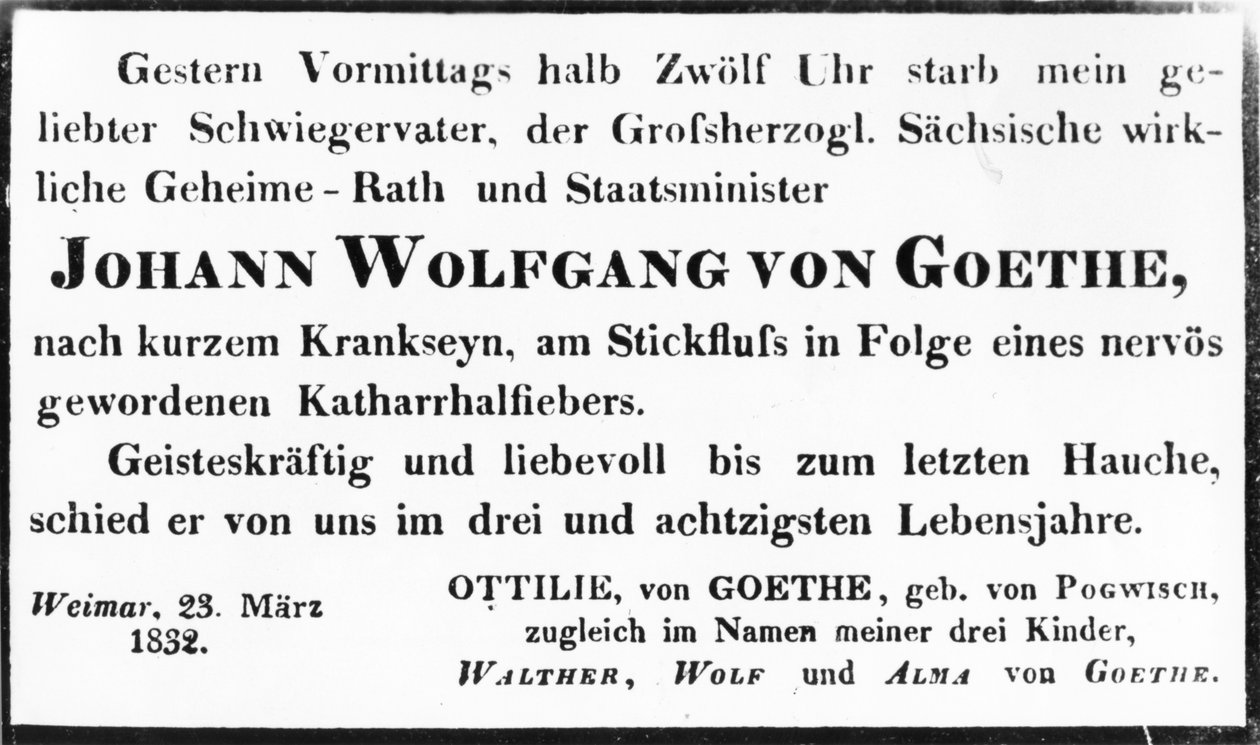 Esquela de Johann Wolfgang von Goethe, 1832 de Johann Wolfgang von Goethe