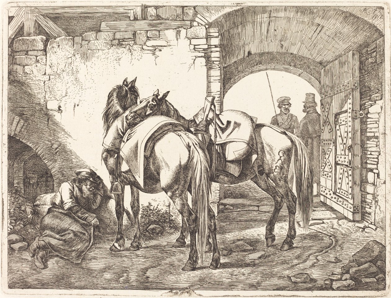 Caballos cosacos en un patio de Johann Adam Klein