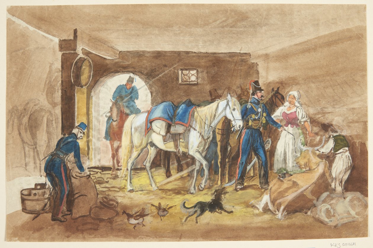 Caballeros en un establo de Johann Adam Klein